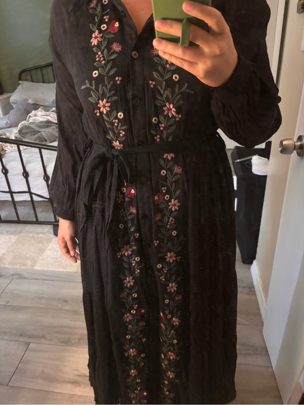 Black Maxi Dress with Pink Floral Embroidery - Picture 2 of 7